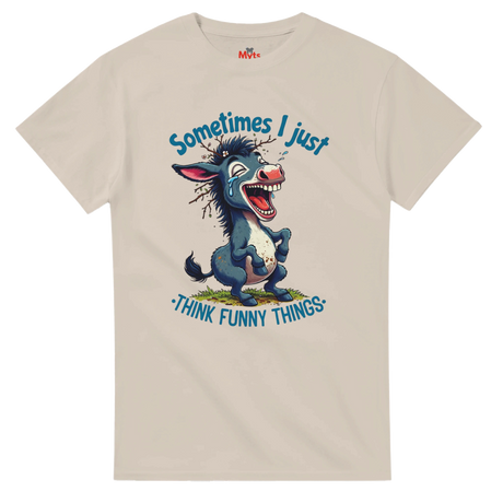 Beige t-shirt with cartoon donkey and humorous text on a white background