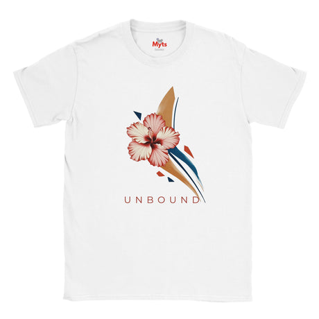 White-coloured UNBOUND floral graphic T-shirt featuring a soft-pink hibiscus and contemporary botanical artwork.