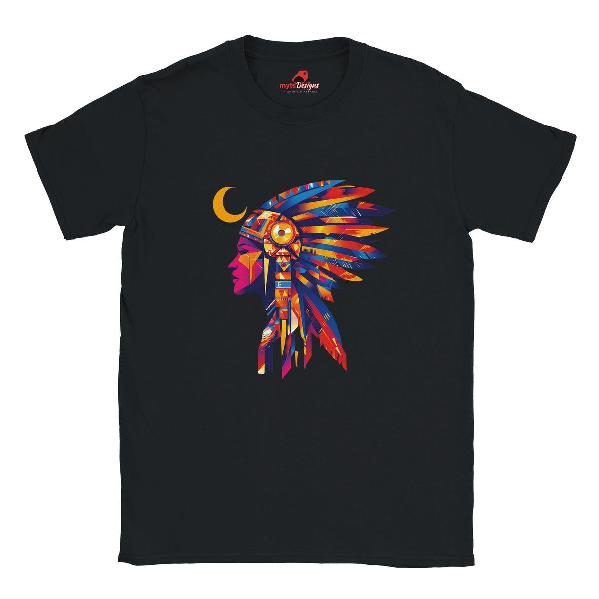 Front view of American Indian Moon T-shirt featuring colorful tribal moon vector art on black cotton tee