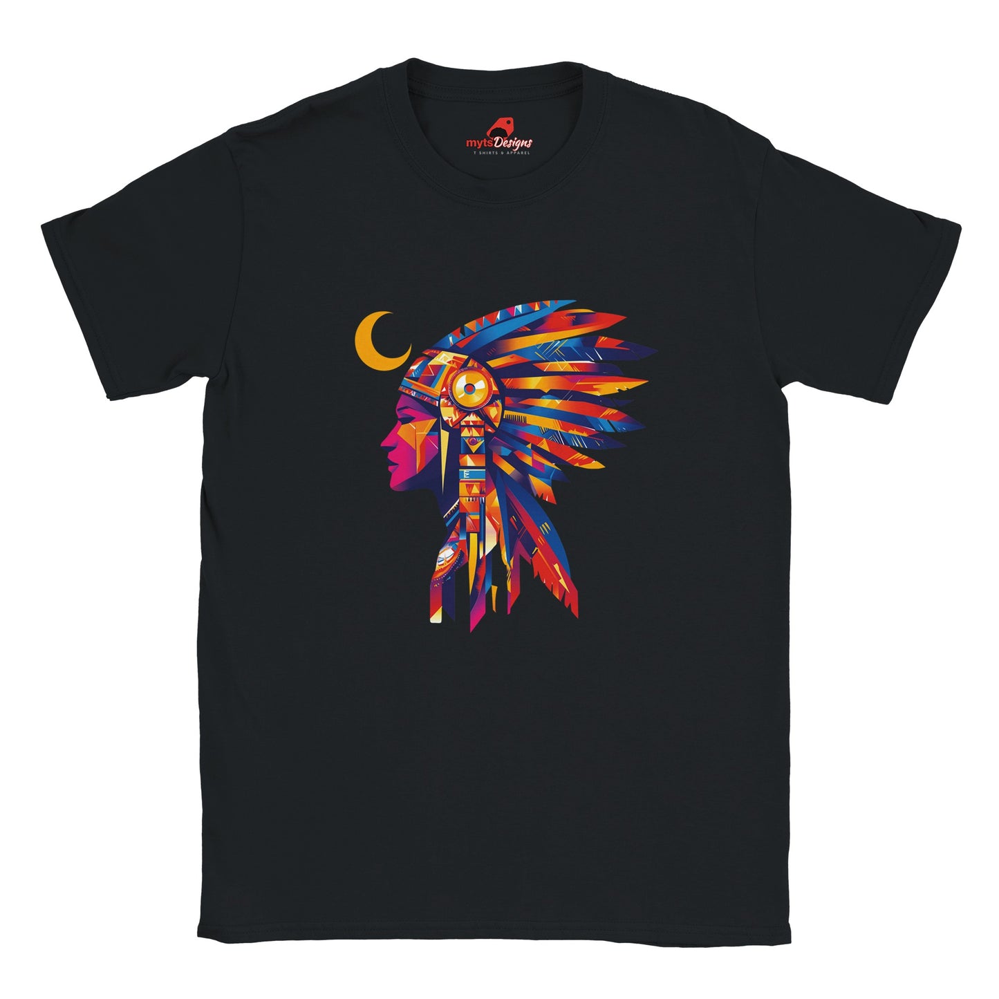 Front view of American Indian Moon T-shirt featuring colorful tribal moon vector art on black cotton tee