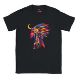Front view of American Indian Moon T-shirt featuring colorful tribal moon vector art on black cotton tee