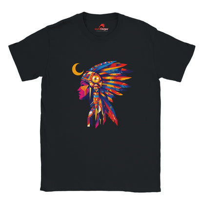 Front view of American Indian Moon T-shirt featuring colorful tribal moon vector art on black cotton tee