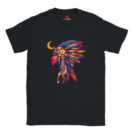 Front view of American Indian Moon T-shirt featuring colorful tribal moon vector art on black cotton tee