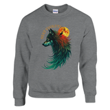 A heather gray crewneck sweatshirt featuring a colorful graphic of a wolf's head in profile with a full moon behind it and the text 'NEXT VIOLENT' in an arch above. The Gildan brand tag is visible inside the collar.
