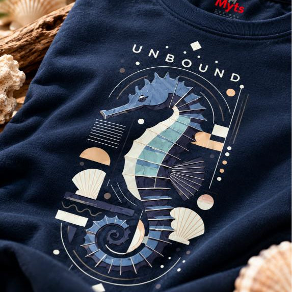 Close-up of graphic seahorse design on a Navy shirt
