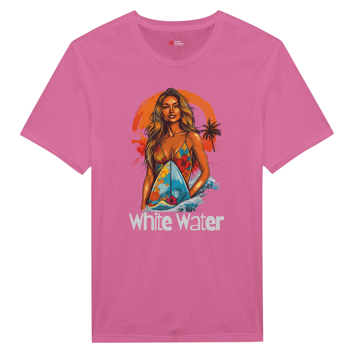 Pink t-shirt with a graphic print of a female surfer in a multicolored swimsuit against a tropical sunset backdrop, with the text 'White Water'.