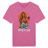 Pink t-shirt with a graphic print of a female surfer in a multicolored swimsuit against a tropical sunset backdrop, with the text 'White Water'.
