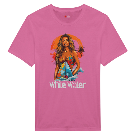 Pink t-shirt with a graphic print of a female surfer in a multicolored swimsuit against a tropical sunset backdrop, with the text 'White Water'.