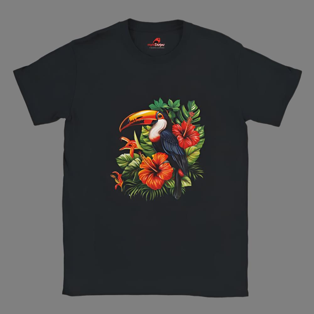 A black t-shirt with a colorful toucan and tropical floral design on the front.