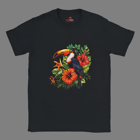 A black t-shirt with a colorful toucan and tropical floral design on the front.