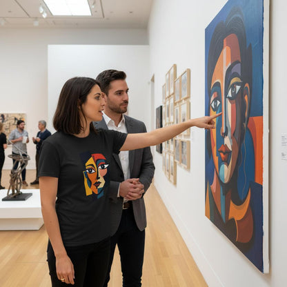 Two people in an art gallery pointing at a colorful portrait painting.