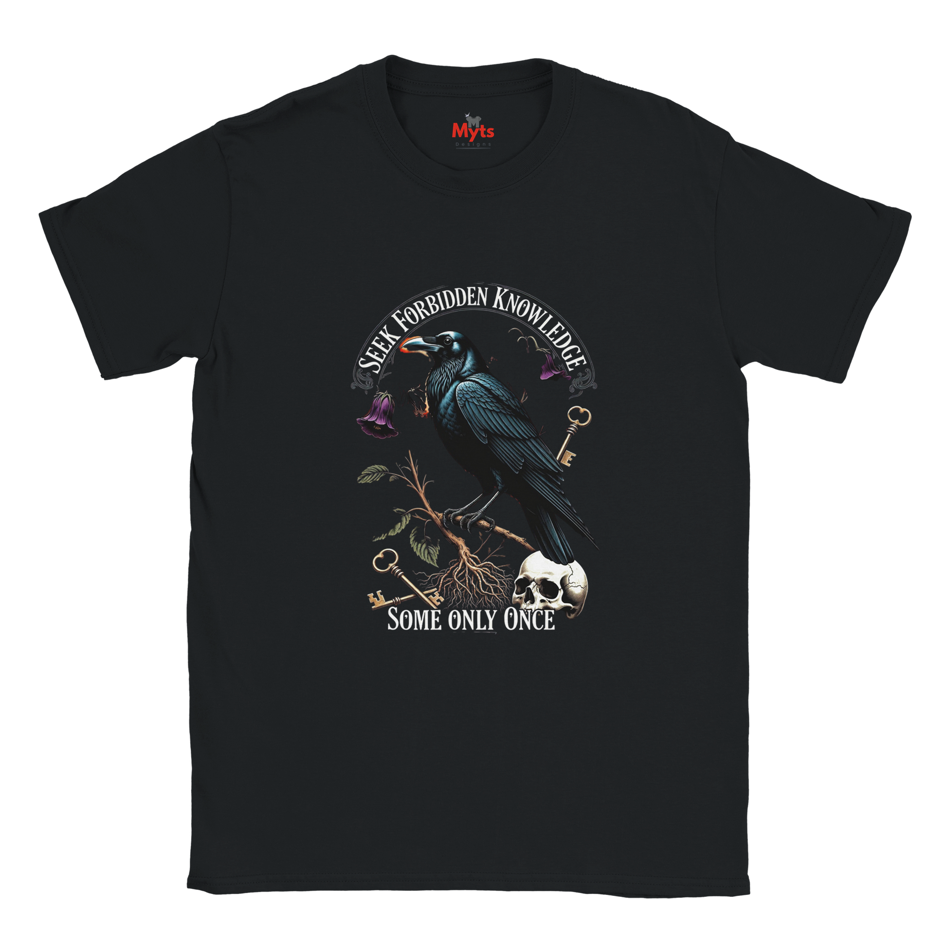 Black t-shirt with a crow and text design on a white background