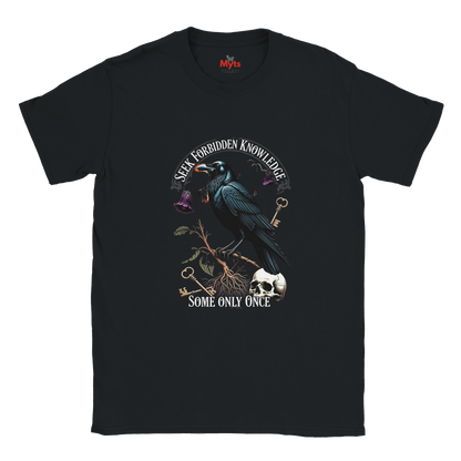 Black t-shirt with a crow and text design on a white background