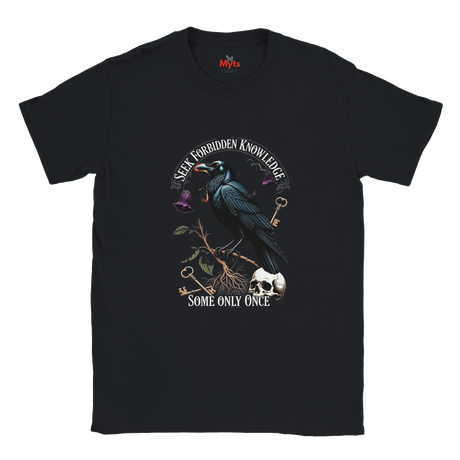 Black t-shirt with a crow and text design on a white background