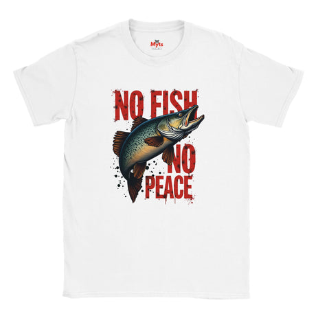 White t-shirt with a fish graphic and 'No Fish No Peace' text on a white background