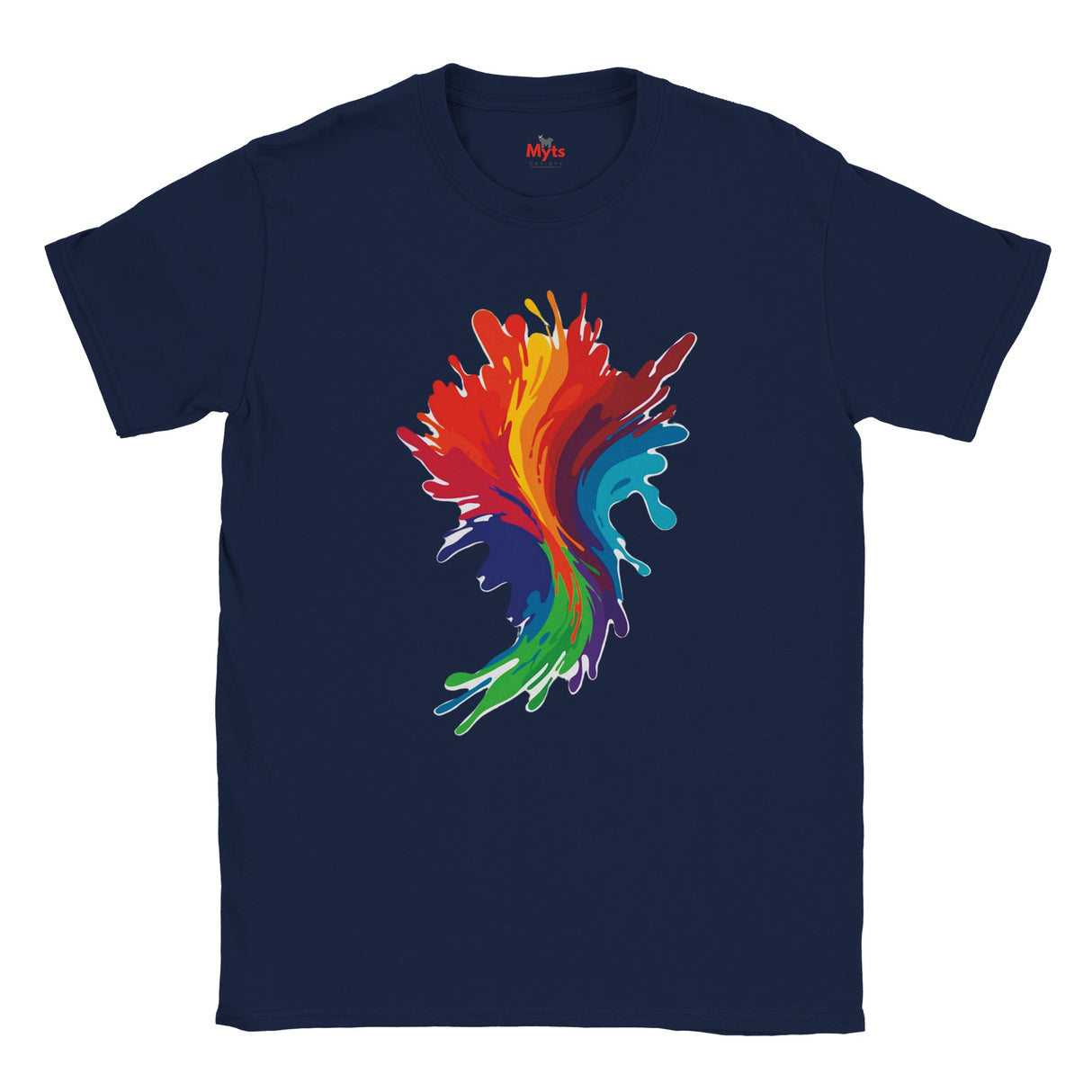 Navy blue t-shirt with a colorful abstract design on a white background