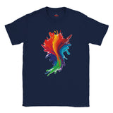 Navy blue t-shirt with a colorful abstract design on a white background