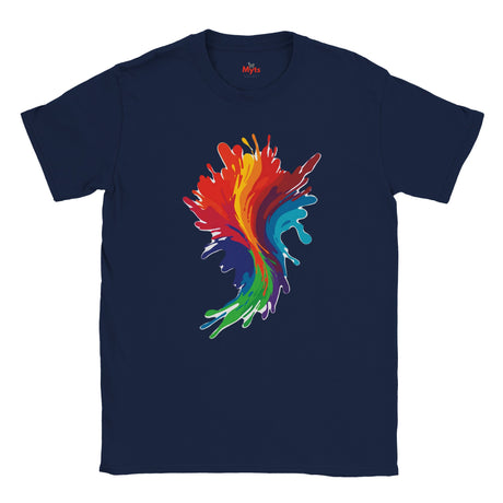Navy blue t-shirt with a colorful abstract design on a white background