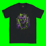 Black t-shirt with a purple and green skull design on a white background