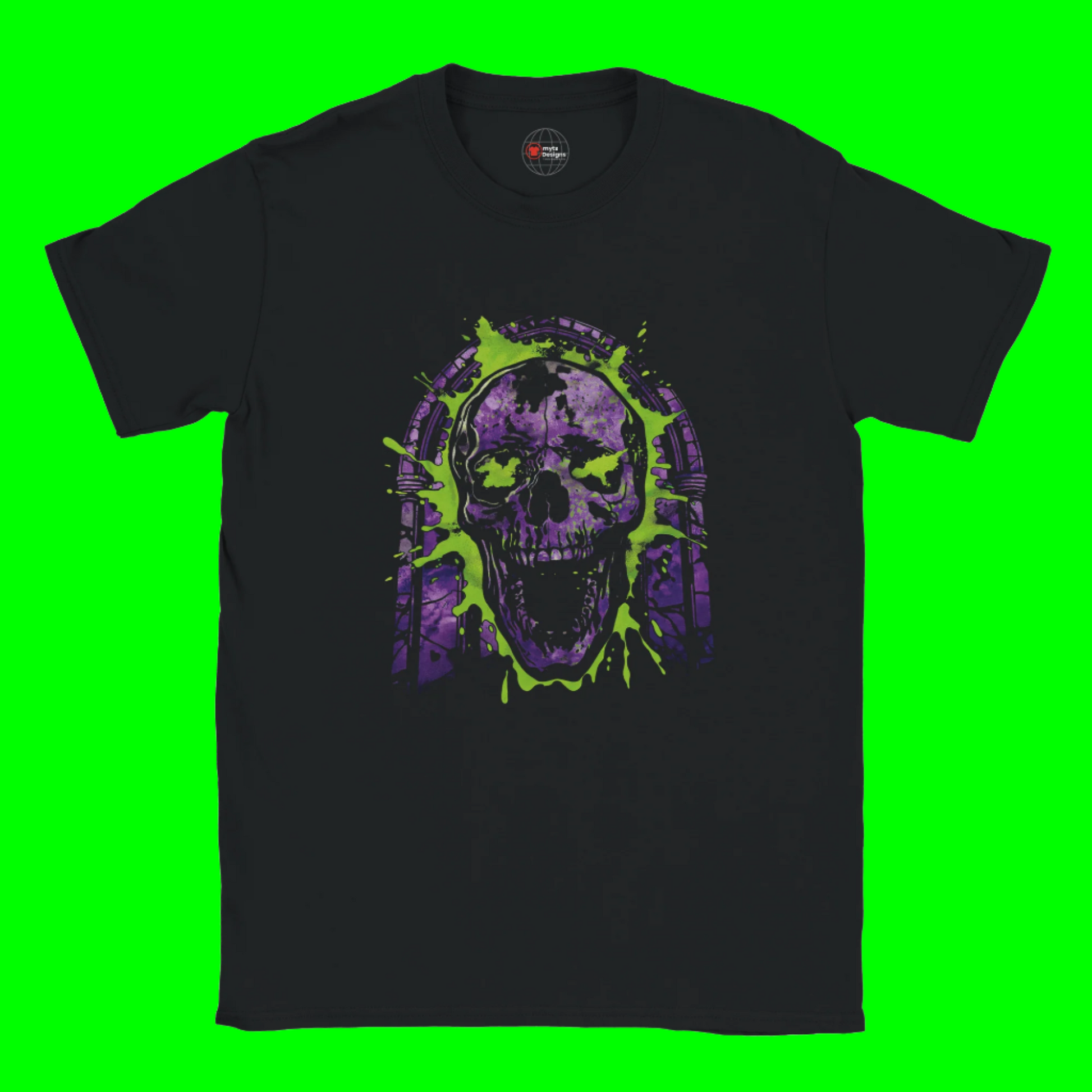 Black t-shirt with a purple and green skull design on a white background