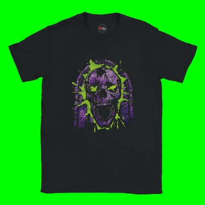 Black t-shirt with a purple and green skull design on a white background