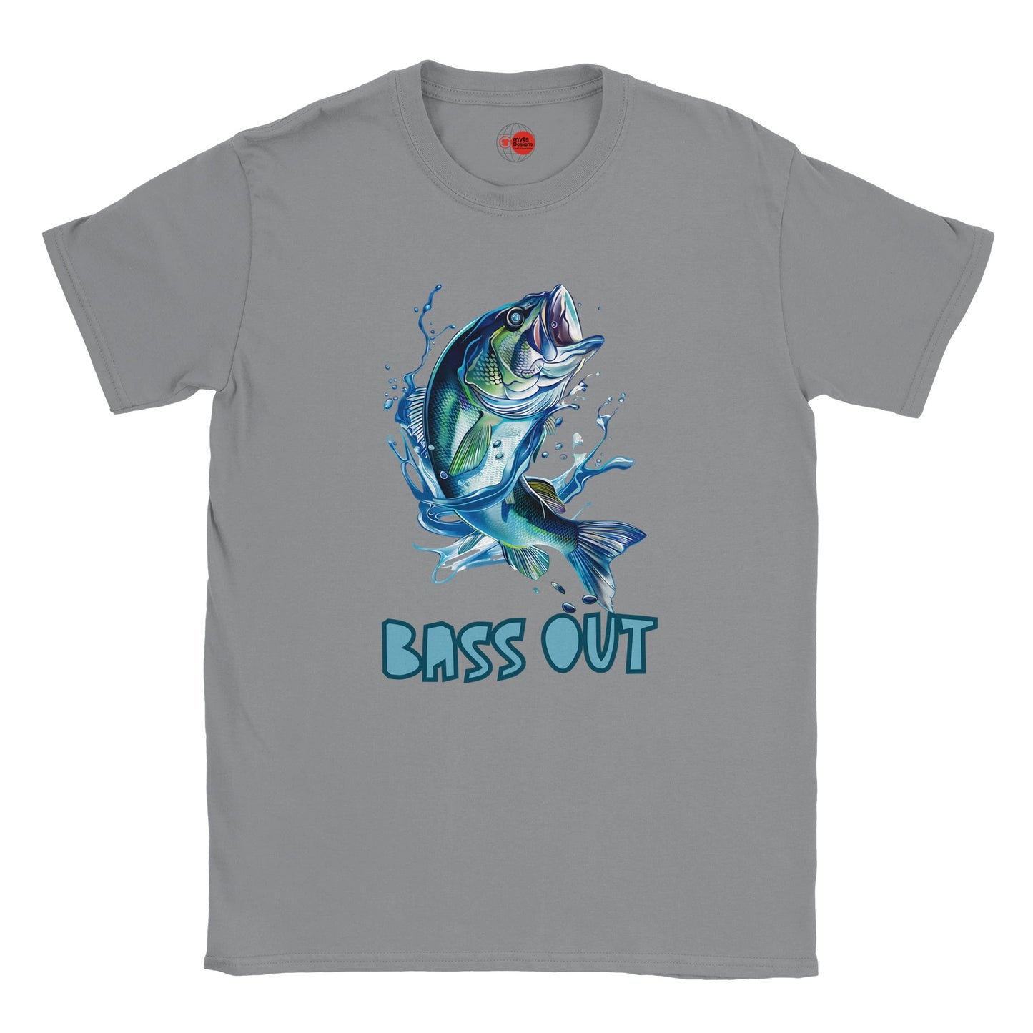 Gray t-shirt with a bass graphic and 'BASS OUT' text on a white background