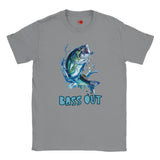 Gray t-shirt with a bass graphic and 'BASS OUT' text on a white background