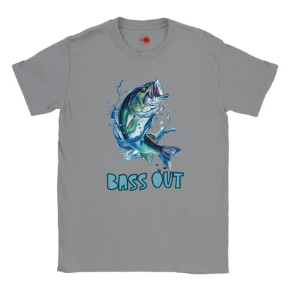 Gray t-shirt with a bass graphic and 'BASS OUT' text on a white background