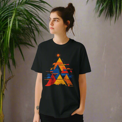 Front view of vivid geometric pyramid T-shirt featuring multicolor radiant design on black cotton tee worn by a young woman