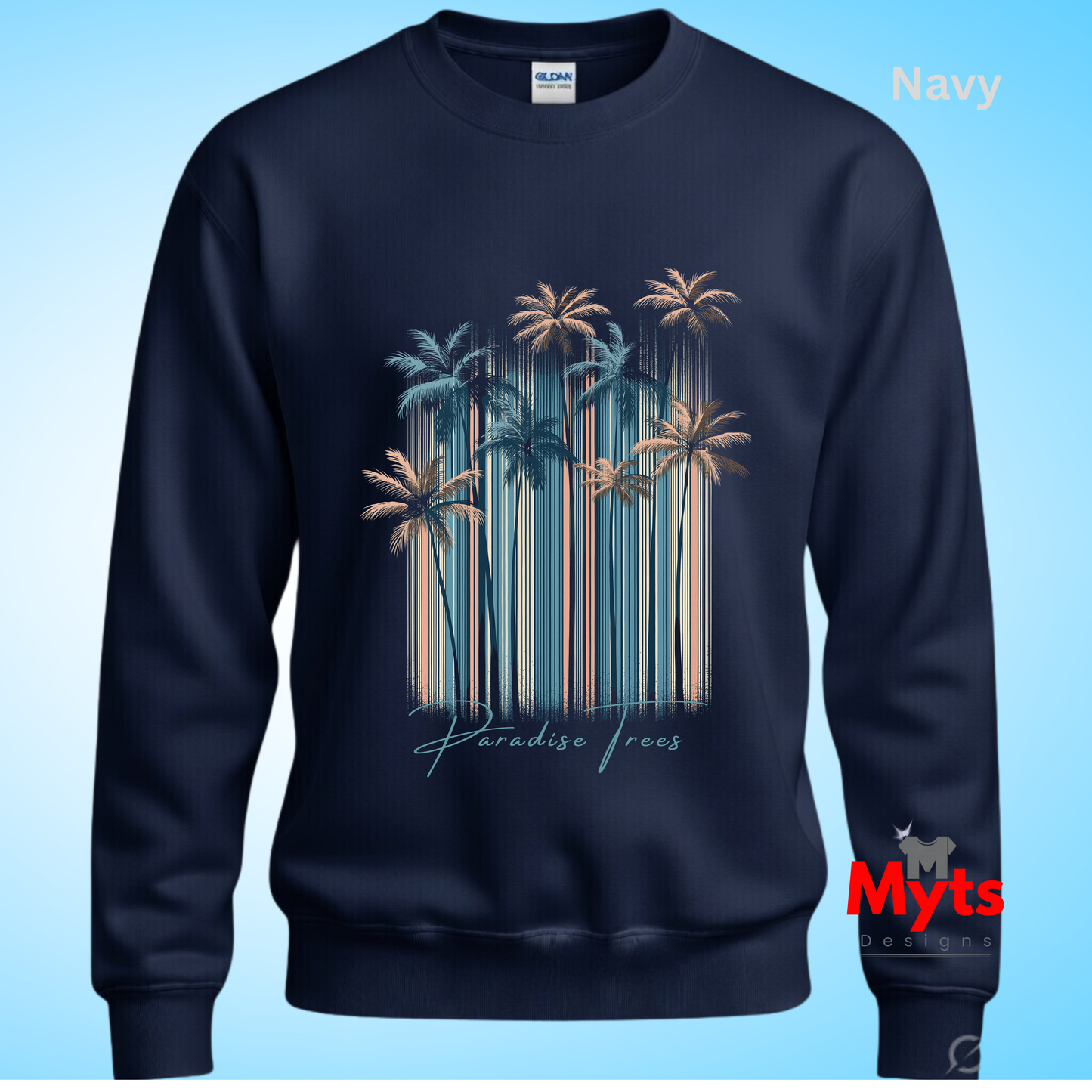 Navy sweatshirt with palm tree design on a blue background