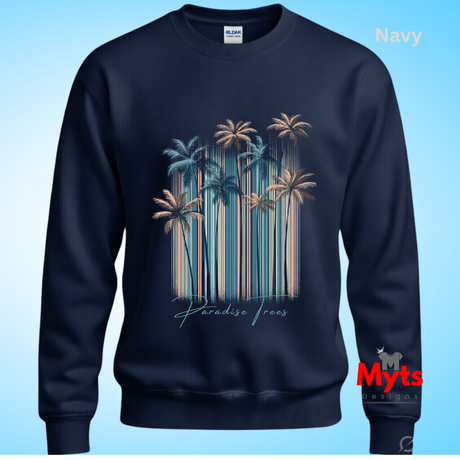 Navy sweatshirt with palm tree design on a blue background