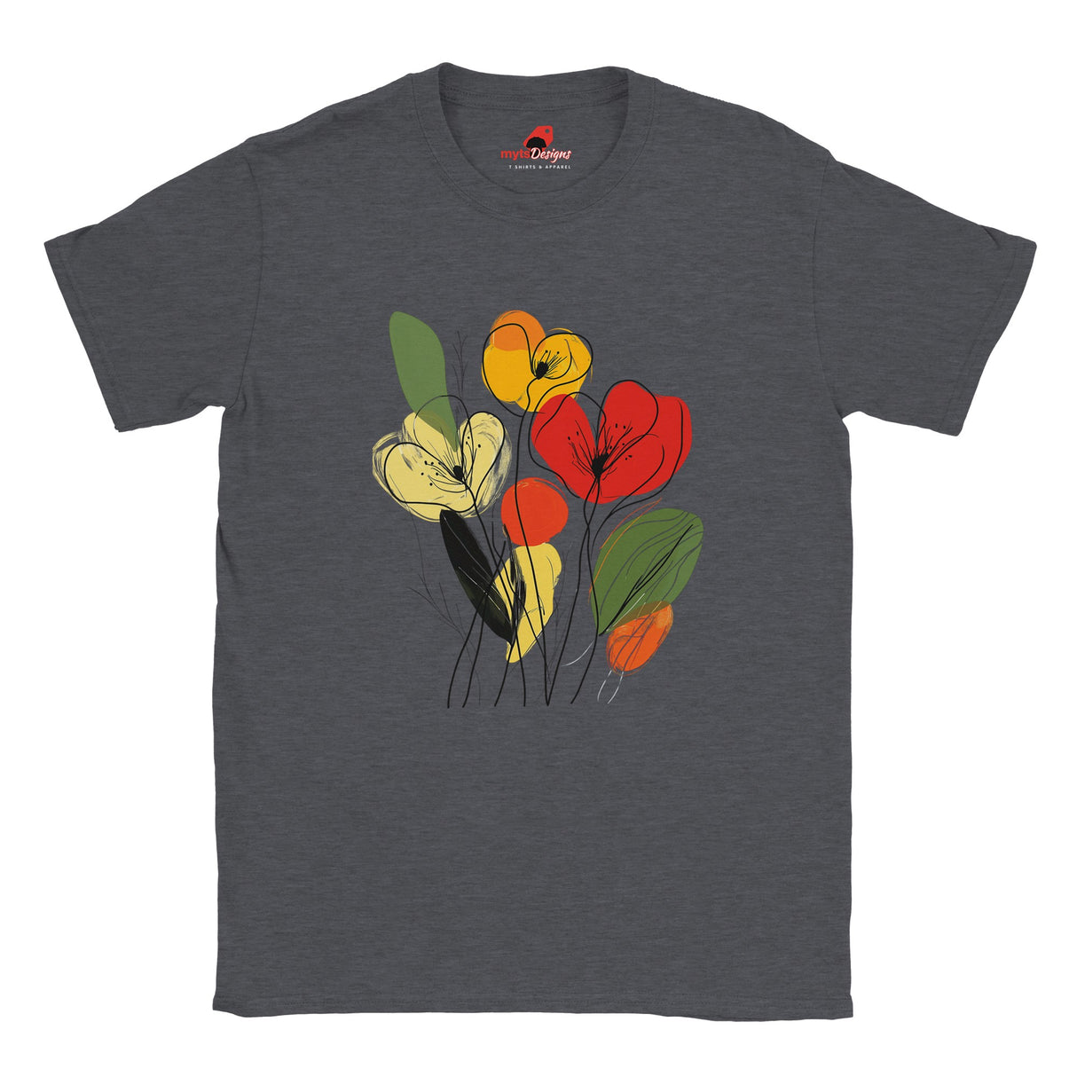 Dark Heather t-shirt featuring minimalist floral line art with abstract red, yellow, and orange flowers and green leaves, laid flat on a white background