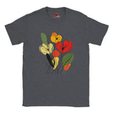 Dark Heather t-shirt featuring minimalist floral line art with abstract red, yellow, and orange flowers and green leaves, laid flat on a white background