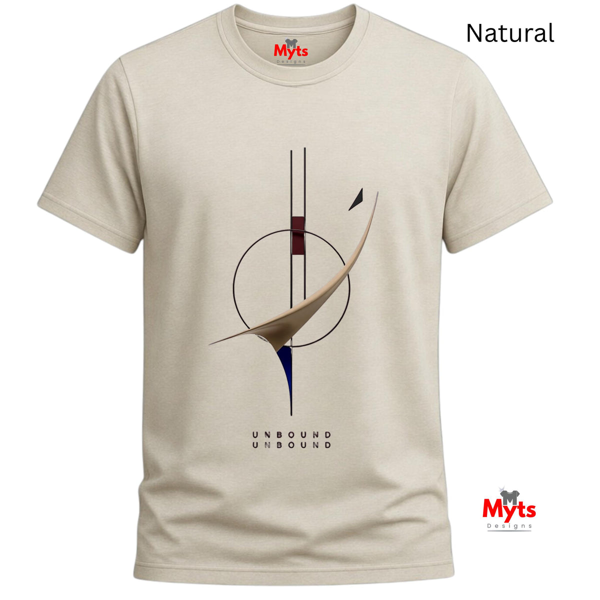 A natural beige crewneck t-shirt with a minimalist abstract graphic print on the front. The design features a geometric pattern with black lines, a brown and beige draped shape, and a small blue accent.