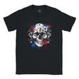 Black t-shirt with a skull design featuring red, blue, and white colors on a white background.