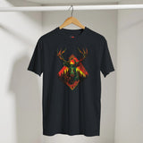 Black t-shirt with a colorful deer graphic on a hanger against a white wall.