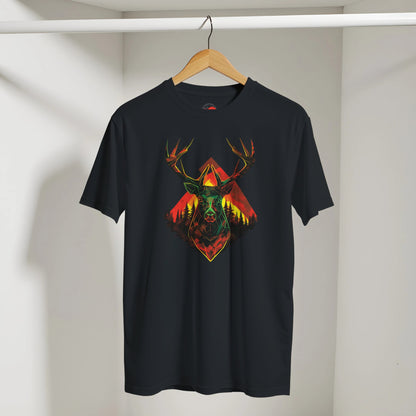 Black t-shirt with a colorful deer graphic on a hanger against a white wall.