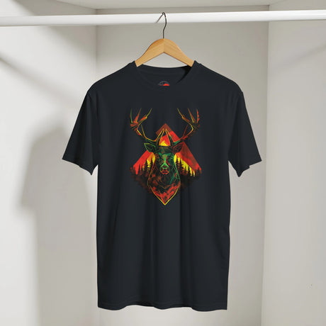 Black t-shirt with a colorful deer graphic on a hanger against a white wall.