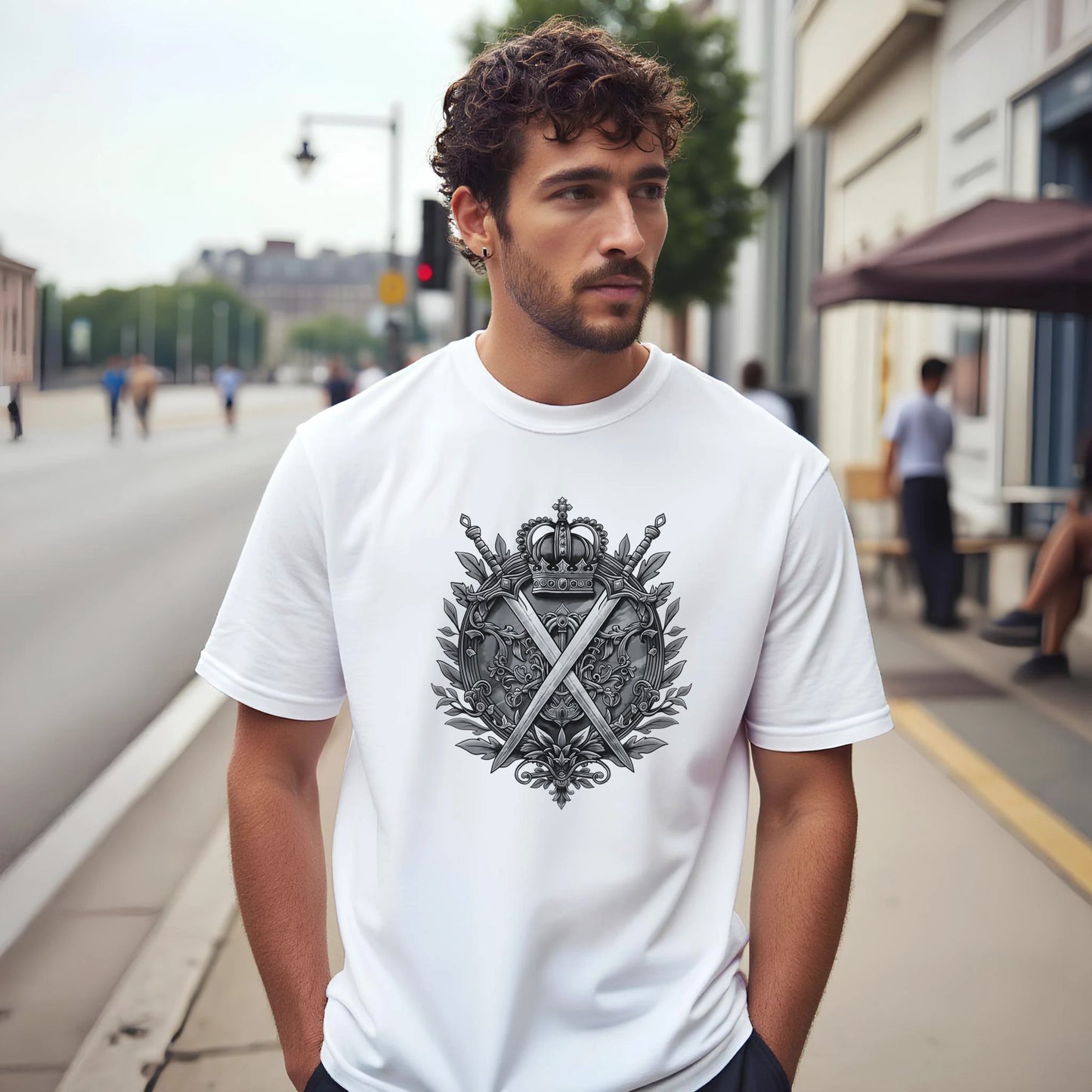 Man wearing a white t-shirt with a black emblem on a city street