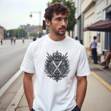 Man wearing a white t-shirt with a black emblem on a city street