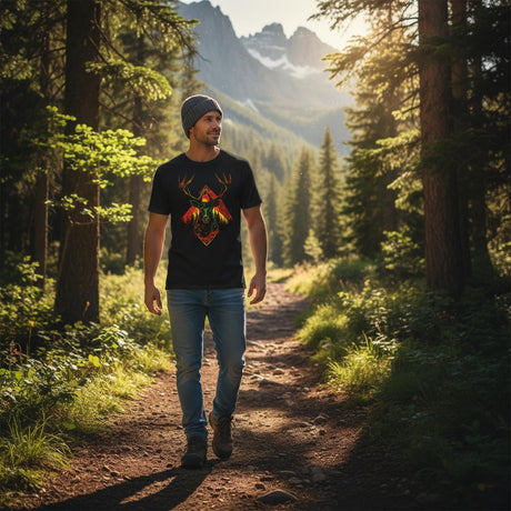 Man walking on a forest path with mountains in the background