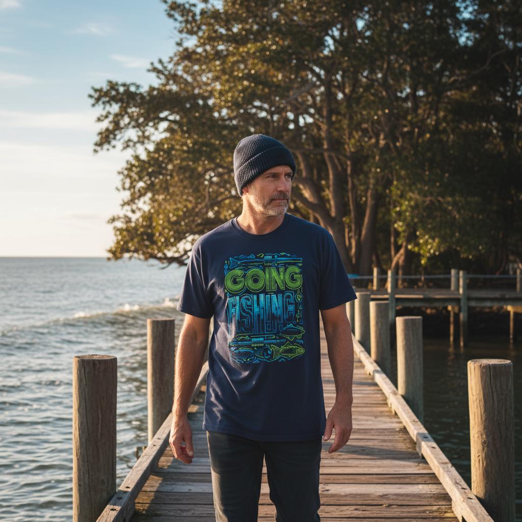 Man standing on a wooden dock by the water wearing a 'Going Fishing' t-shirt.