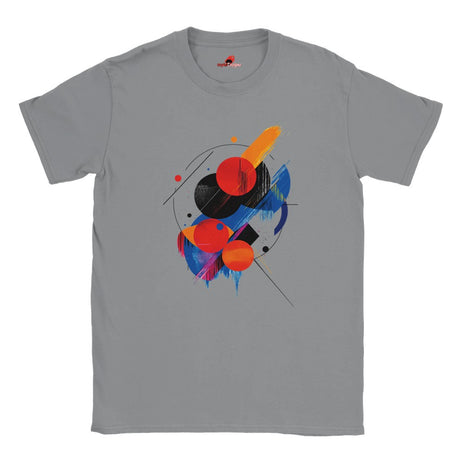 "Geometric space-inspired t-shirt with vivid cosmic colors and planet eclipse design"