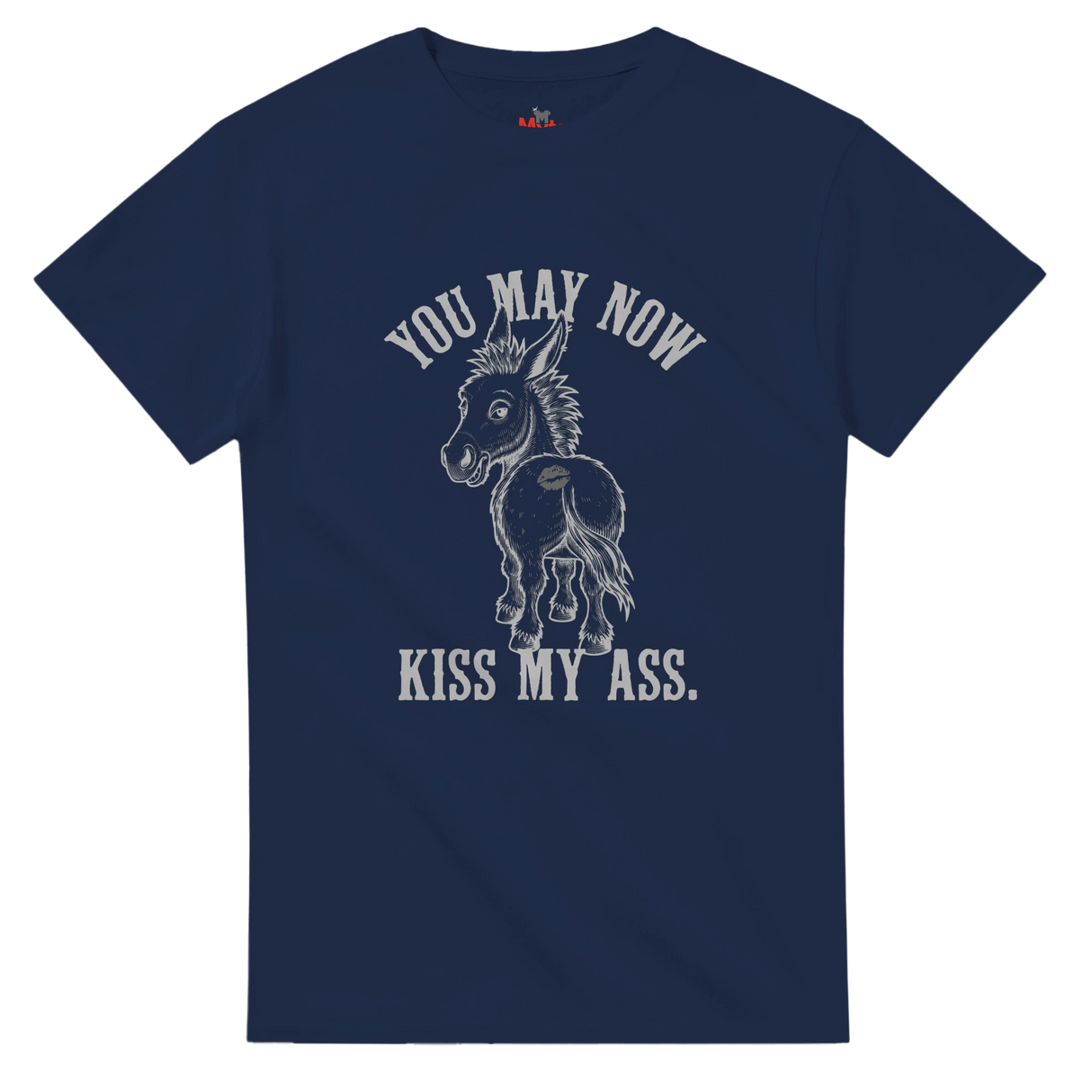 Navy blue t-shirt with a graphic of a donkey and text on a white background