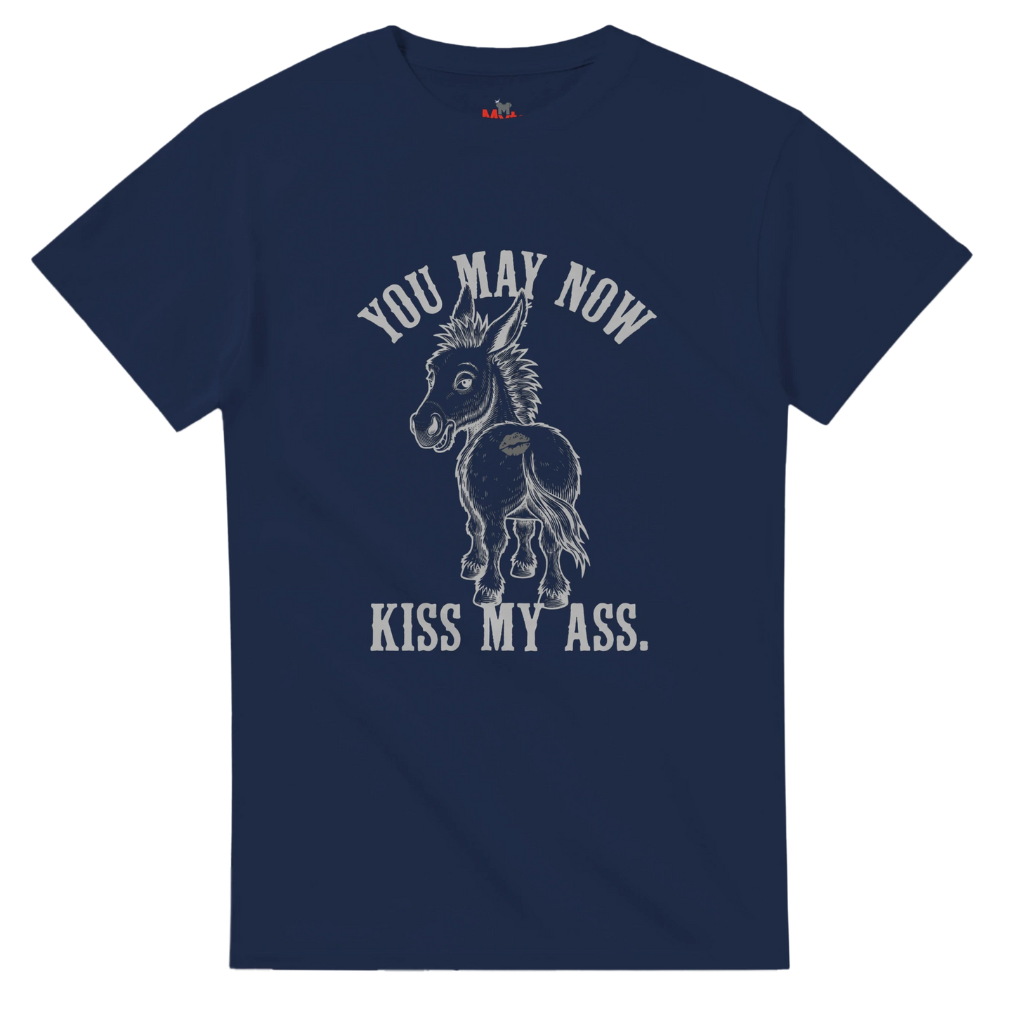 Navy blue t-shirt with a graphic of a donkey and text on a white background