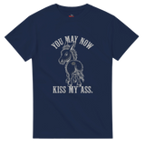 Navy blue t-shirt with a graphic of a donkey and text on a white background