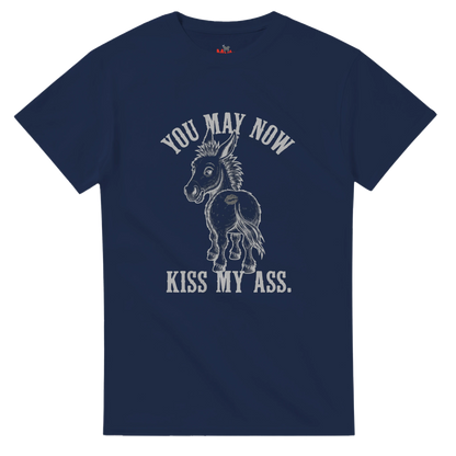 Navy blue t-shirt with a graphic of a donkey and text on a white background