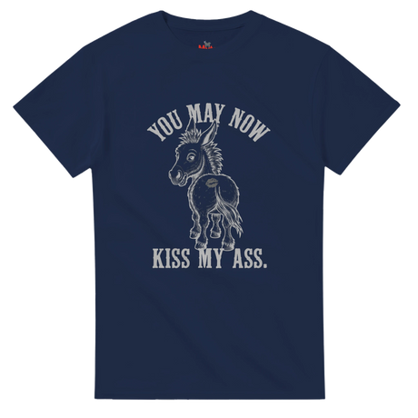 Navy blue t-shirt with a graphic of a donkey and text on a white background
