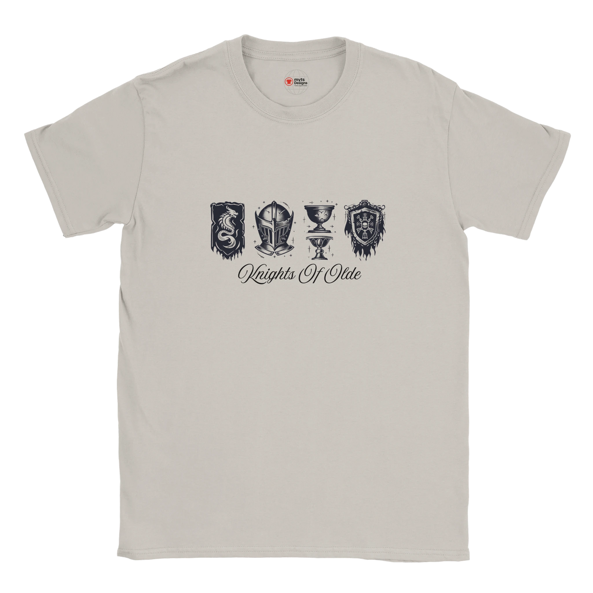 Beige t-shirt with black graphics and text on a white background