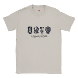 Beige t-shirt with black graphics and text on a white background